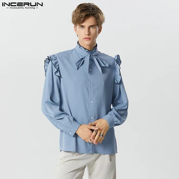 Casual Elegant Stil Topuri INCERUN Mens Stil francez în Picioare Guler Ciufulit Marginea Lega Bluza Bărbat Solid Cămăși Mânecă Lungă S-5XL