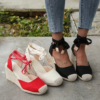 Noi Femeile Pene de Espadrile Sandale de Vară Curea Glezna Gladiator Femei Plus Dimensiune Cânepă Jos Pantofi Casual