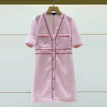 Femeile 2023 Primavara/Vara Singur Pieptul V-Neck Roz Tweed Tricotate Cu Maneci Scurte Rochie