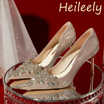 4cm Noua Moda Subțire Tocuri Joase Stras Subliniat Toe Sexy Șampanie Pantofi pentru Nunta Femei 41 42 43