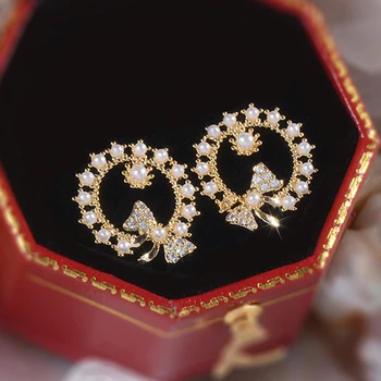 Coreea de sud este Nou Placat cu Aur Încrustat Cristal Cercei Stud de sex Feminin Drăguț Rotund Arc Cercel Moda Bijuterii Cadouri Pearl Accesorii