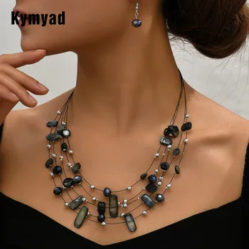 Kymyad Coajă Colorat Cristal Coliere Si Cercei Set Pentru Femei Multistrat Cravată Colier Pentru Femei De Cristal Cercei Seturi De Bijuterii