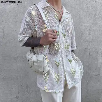Elegant Stil Casual Topuri INCERUN Bărbați a se Vedea-prin intermediul Plăcilor de Imprimare Bluza Model de sex Masculin de Vânzare Fierbinte Cămăși cu Mânecă Scurtă S-5XL