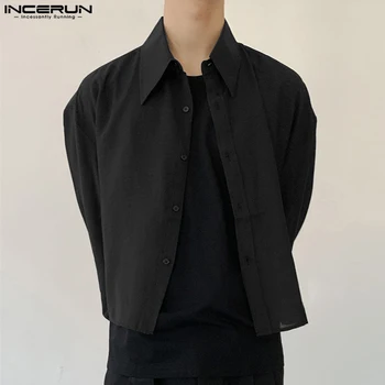 2023 Barbati Tricou de Culoare Solidă Rever Maneca Lunga Vrac Bărbați, Îmbrăcăminte de Stradă Transparent Stil coreean Tricouri Casual S-5XL INCERUN
