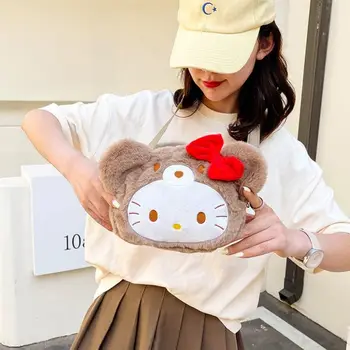 Hello Kitty Drăguț De Pluș Saci Sanrio Pentru Femei Geantă De Umăr Fata Kawaii Arc De Design Maro Crossbody Genti Geanta Cadouri Pentru Copil