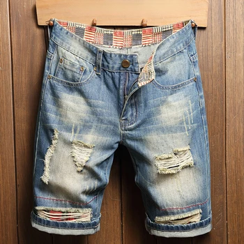 American Mens Pantaloni Scurti Din Denim Moda De Vara Gaura Retro Youth Direct Pantaloni Casual Cu Ridicata Streetwear Blugi Rupți