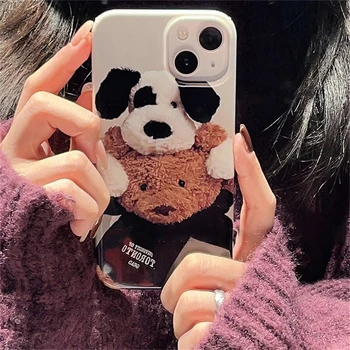 Coreeană Urs Drăguț Câine Cuplu de Telefon Caz Pentru iPhone 15 14 13 12 11 Pro Max Mini X XR 7 8 Plus SE 3 Lucios rezistent la Șocuri husă Moale