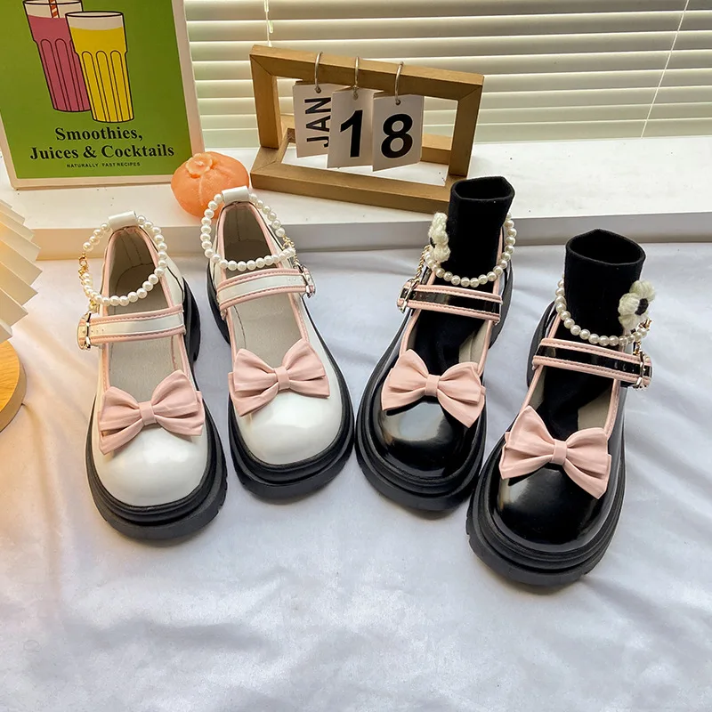2023 Pompe de Femei Fete Dulci Bowknot Pearl Lanț de Pantofi Mary Jane Minunat Lolita Tocuri Rotund Toe Pantofi din Piele Tocuri Platforma