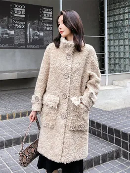 OFTBUY 2023 Noua Moda 100% Lână Sacou Femei de Iarnă Adevărată Haină de Blană Naturală Lung Gros Cald Singur Pieptul Liber Streetwear