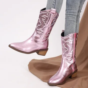 Noi Femeile Mari Boot Mid Manșon Solid Ton Ascuțit Sfat de Moda Confortabil cu Toc Gros Cizme cizme de cowboy pentru femei