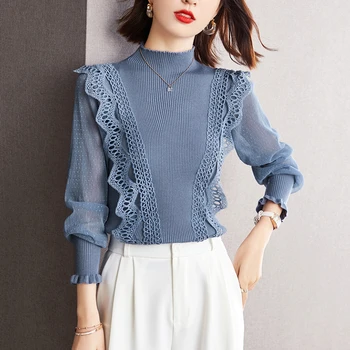 Vintage Dot Mesh Bluza Femei Toamna Jumătate Guler Maneca Lunga Topuri Tricotate Mozaic Volane Tricouri Blusas Mujer