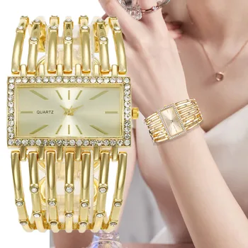 De lux Calități de Moda pentru Femei Diamond Dreptunghi Ceasuri de Aur din Aliaj de Brățară Ceasuri de mana Simplu Doamnelor Cuarț Ceas Cadou