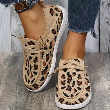 Leopard Print Casual Pantofi Respirabil Femei Dantelă Up Mocasini Plus Size Cap Rotund Formatori Zapatillas Deportivas De Mujer