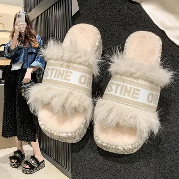 Iarna Femeile Plat, Papuci de Design de Moda de Brand de Lux Cald Slide-uri de Litere de Interior Acasă Bumbac Pantofi cu toc Platforma Papuci