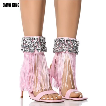2022 Vara pentru Femei Ciucure Sandale Sexy Roz cu Toc cu Fermoar Sandale Femei Mare de Cristal Glezna Curea Sandale Cizme 44