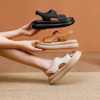 Piele moale pantofi sandale pentru femei retro 2023 vara student nou versiunea coreeană versatil sport cu talpă pantofi de plaja