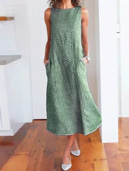 Femei rochie Casual, cu Dungi de Imprimare Rochie Lunga Rochie fără Mâneci O-gat Lenjerie de Buzunar Rochie de Vara pentru Femei 2023