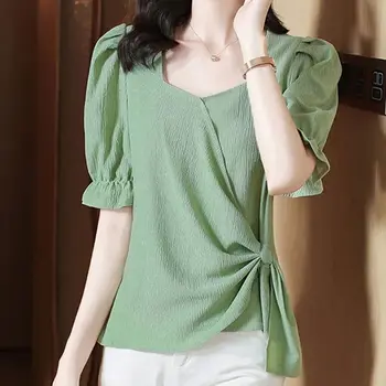 Coreeană Puff Maneca Bluza De Vara De Culoare Solidă Talie Elegant Falduri Îmbinat 2023 Haine De Sex Feminin Naveta Liber Asimetric Tricou