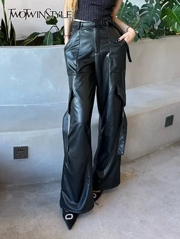 TWOTWINSTYLE Solid Casual Pantaloni de Piele Pentru Femei Talie Mare Lungime Completă Mozaic Buzunare Șic Cargo Pant de Moda de sex Feminin 2023