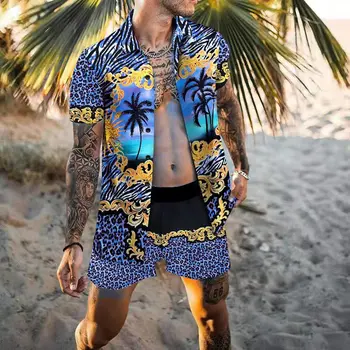 Brand de lux Cămașă Hawaiană Sociale Stabilite Camasi Barbati Treptată Casual Singur Geometrie Tipărite de sex Masculin Bluze Set S-3XL