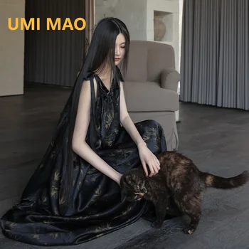 UMI MAO Stil Chinezesc Rochie Elegante Self-Made Acid Acetic Bambus Imprimare Vrac Plisate Dantelă-Up cu Rochii de Femei Femme Y2K