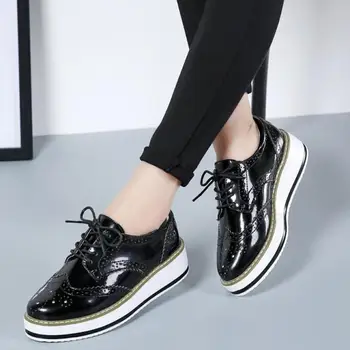 Primavara din Piele Neagră, Pantofi Platforma Gros Unic Dantela-up Pantofi Casual Plat Femeile 2023 Rotund Toe Clasic Pantofi Oxford Pantofi Lady