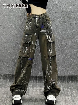 CHICEVER Scrisoare de Imprimare Pantaloni din Denim Pentru Femei Talie Mare Îmbinat Buzunare Streetwear Moda Vintage a Lovit Culoarea Cargo Pant de sex Feminin
