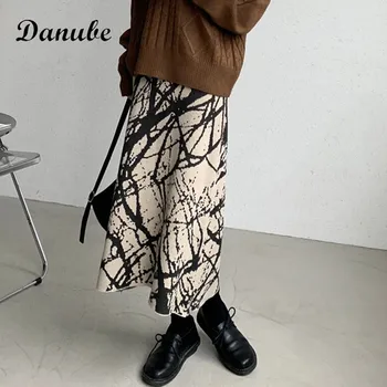 Vintage Print Direct Fuste Tricotate Femei Toamna-Coreean Casual, Talie Elastic Elegant Fusta Midi Cald Liber Faldas Femme Jupes