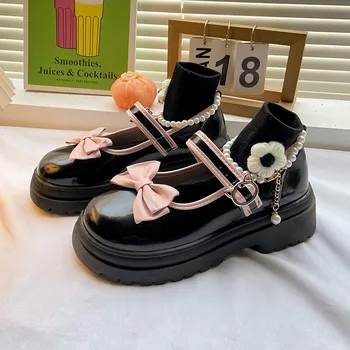 2023 Pompe de Femei Fete Dulci Bowknot Pearl Lanț de Pantofi Mary Jane Minunat Lolita Tocuri Rotund Toe Pantofi din Piele Tocuri Platforma