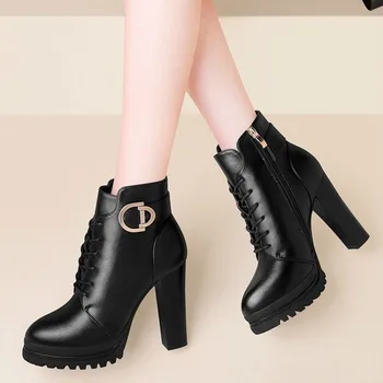 Dantela-up Glezna Cizme pentru Femei Scurte, Pantofi cu Cataramă de Moda Tocuri inalte Negru Galben Toamna Iarna Femei Glezna Cizme de Mari Dimensiuni 41