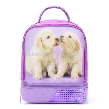 Drăguț Câine Izolate masa de Prânz Sac pentru Femei Copii Fete Purple Dual Compartiment Cutie de Prânz Tote Sac Kawaii Picnic Termice Sac Cooler