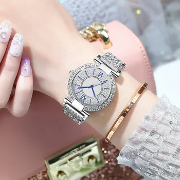 Femei Cuarț Ceas Încrustat Cu Stras Oțel Lanț de Trupa Cuarț Ceas de Lux de Afaceri Rotund de Argint din Oțel Inoxidabil Curea