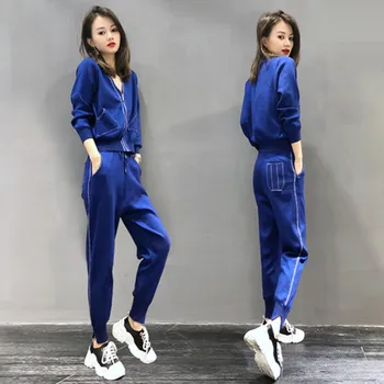 De Înaltă Calitate 2023 Toamna Femei V-Neck Moda Tricotate Casual Treninguri Puncte Fermoar Paltoane Jacheta+Pantaloni Tricot Seturi De Îmbrăcăminte