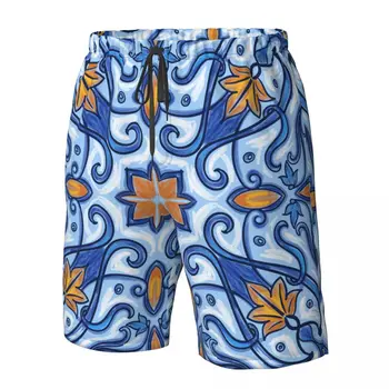 Costum de baie Om de Vară 2023 Pantaloni Barbati sport pe plaja Acuarelă Albastru Capri Maiolica
