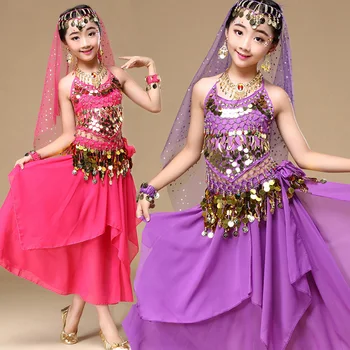 Set 5PCS Copii Belly Dance Costume pentru Fete Spectacol de teatru Costum Copil Monedă de Dans din Buric pentru Fată Indian de la Bollywood, Dans Fusta