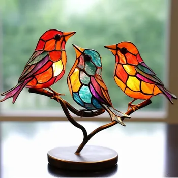 Sticlă Colorată De Păsări Pe Ramură Desktop Ornamente Artizanale Dublă Față-Verso Multicolor Păsări De Metal Acrilic Pasăre Serie De Decor