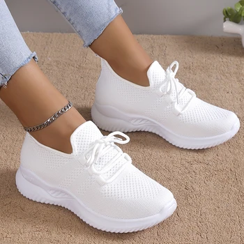Lucyever Dantelă Sus Adidași Alb pentru Femei 2023 Toamna Respirabil Tricotat Pantofi Sport Femei Non-Alunecare Moale Jos Șosete Pantofi