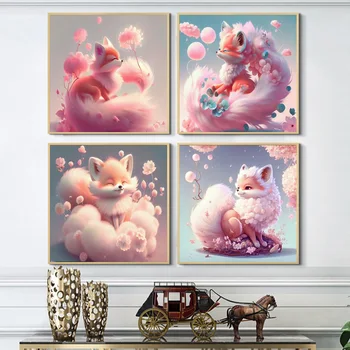 Drăguț Roz și Alb Fox Animal Panza Pictura Postere si Printuri de Arta de Perete Poze Dormitor Living Room Decor Acasă Nici un Cadru