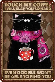 Amuzant Semn de Perete - Pisica de Tinichea Semn -touch Cafeaua Mea - Pisica Neagra Poster Art Tin Semn de Metal - Home Decor Baie Animal Decor