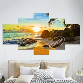 Casa moderna de Arta de Perete Decor Cadru Modular Panza Ulei de Imagini HD de Imprimare Pictura 5 Panoul de Ocean Sunset Beach peisaj Marin Poster PENGDA