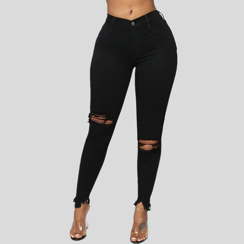 Alb Rupt Blugi Skinny 2023 Vară De Moda Pentru Femei Slim Talie Mare Stretch Blugi Femei Sexy Genunchi Găuri Distrus Pantaloni Din Denim