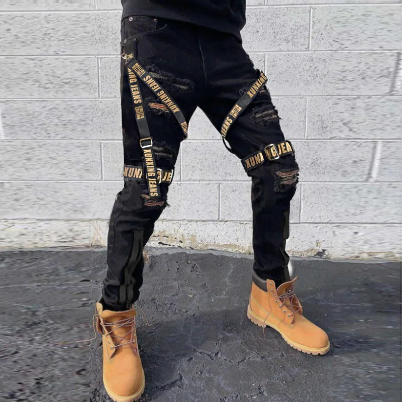 Barbati Personalizate Pantaloni Chingi Rupt Blugi Picior Mic cu Fermoar Decor Slim Jeans