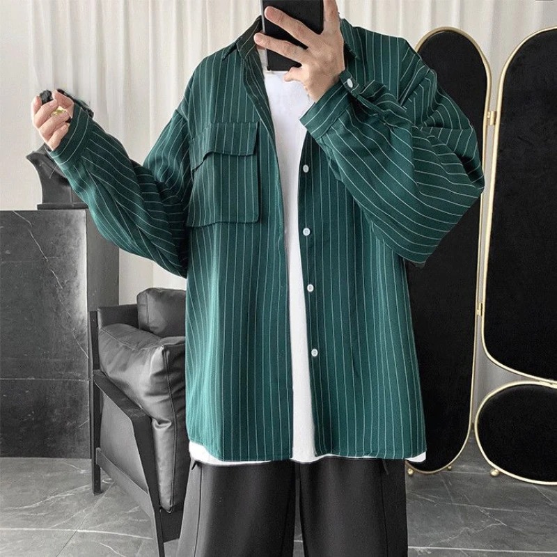 Bugilaku cămașă cu Dungi, sacou barbati Hong Kong stil Japonez casual lejere haine de toamna subțire