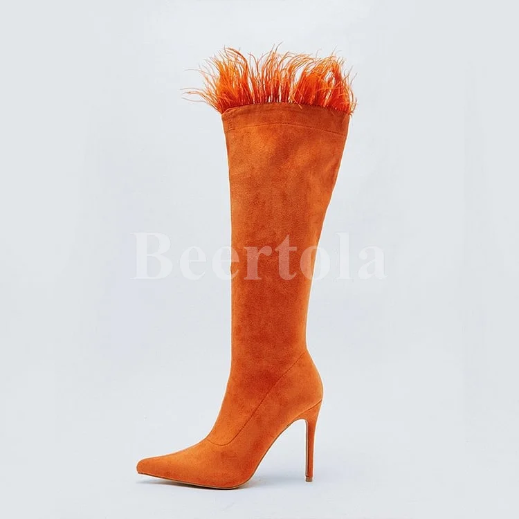 Femeie De Moda De Pluș A Subliniat Toe Culoare Portocaliu Închis Cizme De Piele De Căprioară Pantofi Stiletto Genunchi-Cizme Toamna Iarna Cald Catwalk Show Pantofi Lungi